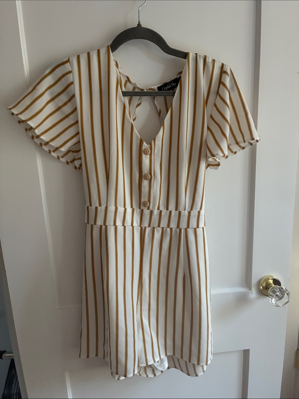 Striped V-Neck Short Sleeve Romper - White and Mustard